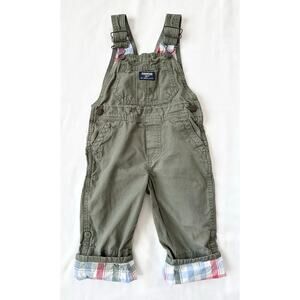 OshKosh B'gosh 2T Olive Green Canvas Vestbak Overalls Plaid Lined